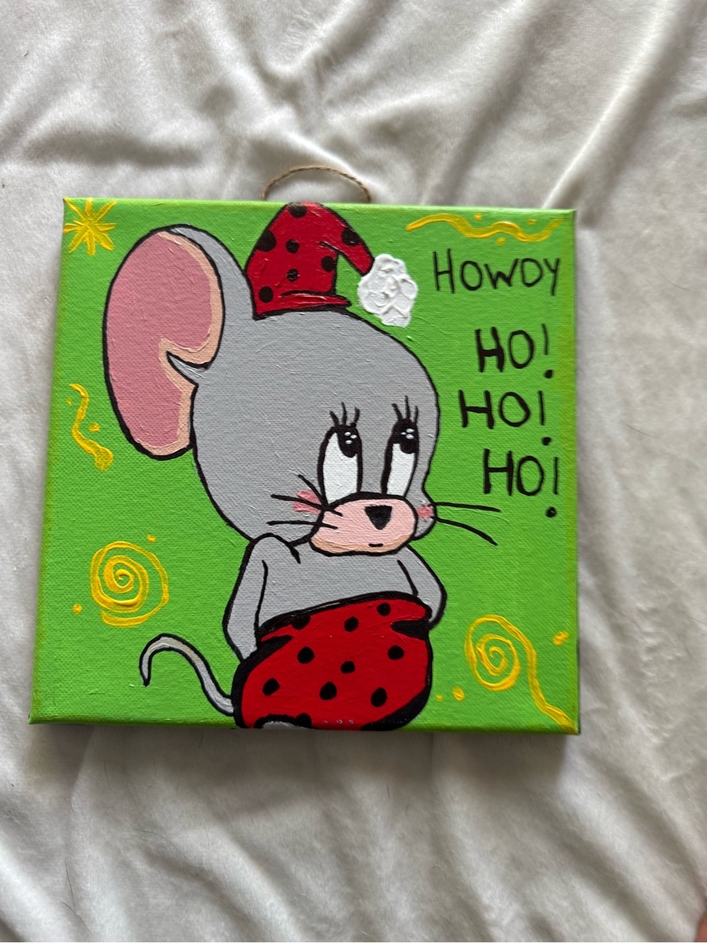 Hand-Painted Mouse Canvas Wall Art in Bright Green and Red